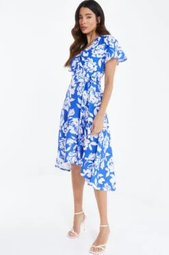 Blue Floral Wrap Dip Hem Midi Dress -Outlet Clothyne Store 00100038358 XS