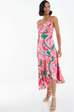 Pink Scarf Print Frill Midi Dress -Outlet Clothyne Store 00100038368 XS