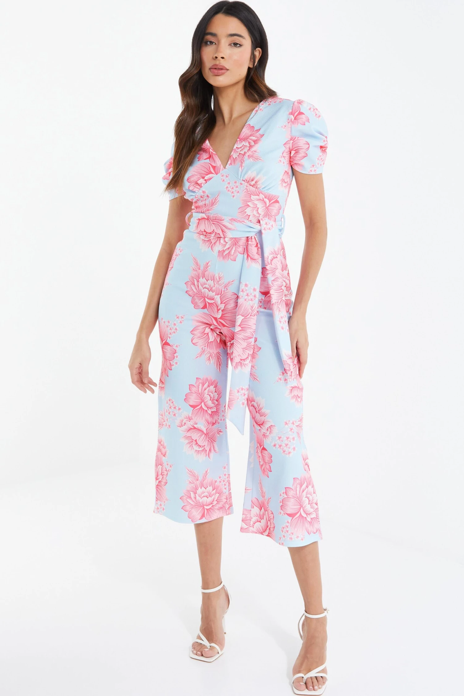 Blue Floral Wrap Culotte Jumpsuit 4 Blue Floral Wrap Culotte Jumpsuit - Image 2