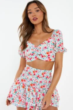 White Ditsy Floral Tie Back Crop Top -Outlet Clothyne Store 00100038431 XM