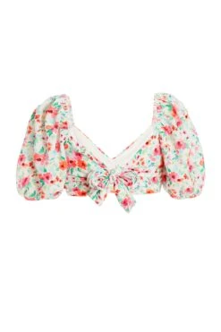 White Ditsy Floral Tie Back Crop Top -Outlet Clothyne Store 00100038431 ZB