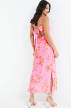 Pink Floral Print Tie Back Midi Dress -Outlet Clothyne Store 00100038433 XB