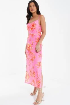 Pink Floral Print Tie Back Midi Dress -Outlet Clothyne Store 00100038433 XS