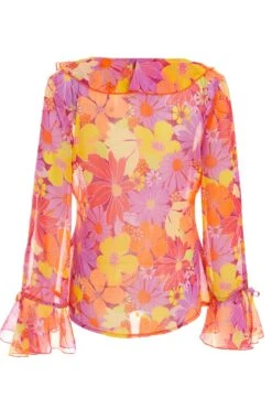 Pink Floral Tie Front Blouse -Outlet Clothyne Store 00100038453 ZB
