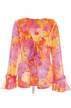 Pink Floral Tie Front Blouse