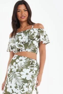 Khaki Floral Bardot Crop Top -Outlet Clothyne Store 00100038521 XM