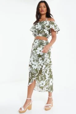 Khaki Floral Bardot Crop Top -Outlet Clothyne Store 00100038521 XS