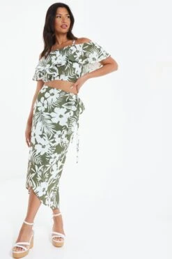 Khaki Floral Split Maxi Skirt 9 Khaki Floral Split Maxi Skirt -Outlet Clothyne Store 00100038522 XM