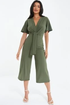 Khaki Wrap Tie Culotte Jumpsuit -Outlet Clothyne Store 00100038552 XM