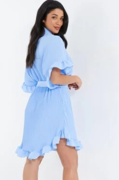 Blue Oversized Pleated Shirt Dress -Outlet Clothyne Store 00100038566 XB