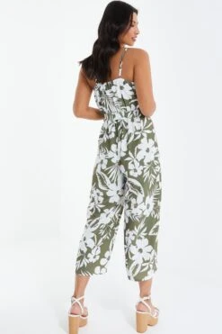 Khaki Tropical Print Culotte Jumpsuit -Outlet Clothyne Store 00100038589 XB