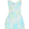 Blue Satin Smudge Print Playsuit 1 Blue Satin Smudge Print Playsuit -Outlet Clothyne Store 00100038599 ZM