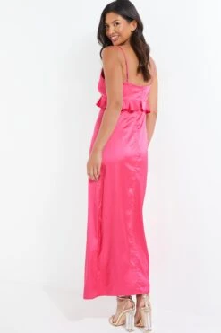 Pink Satin Frill Slip Midi Dress -Outlet Clothyne Store 00100038602 XB