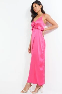 Pink Satin Frill Slip Midi Dress -Outlet Clothyne Store 00100038602 XS