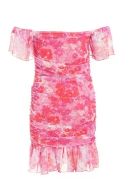 Pink Floral Ruched Bardot Mini Dress 12 Pink Floral Ruched Bardot Mini Dress -Outlet Clothyne Store 00100038657 ZB
