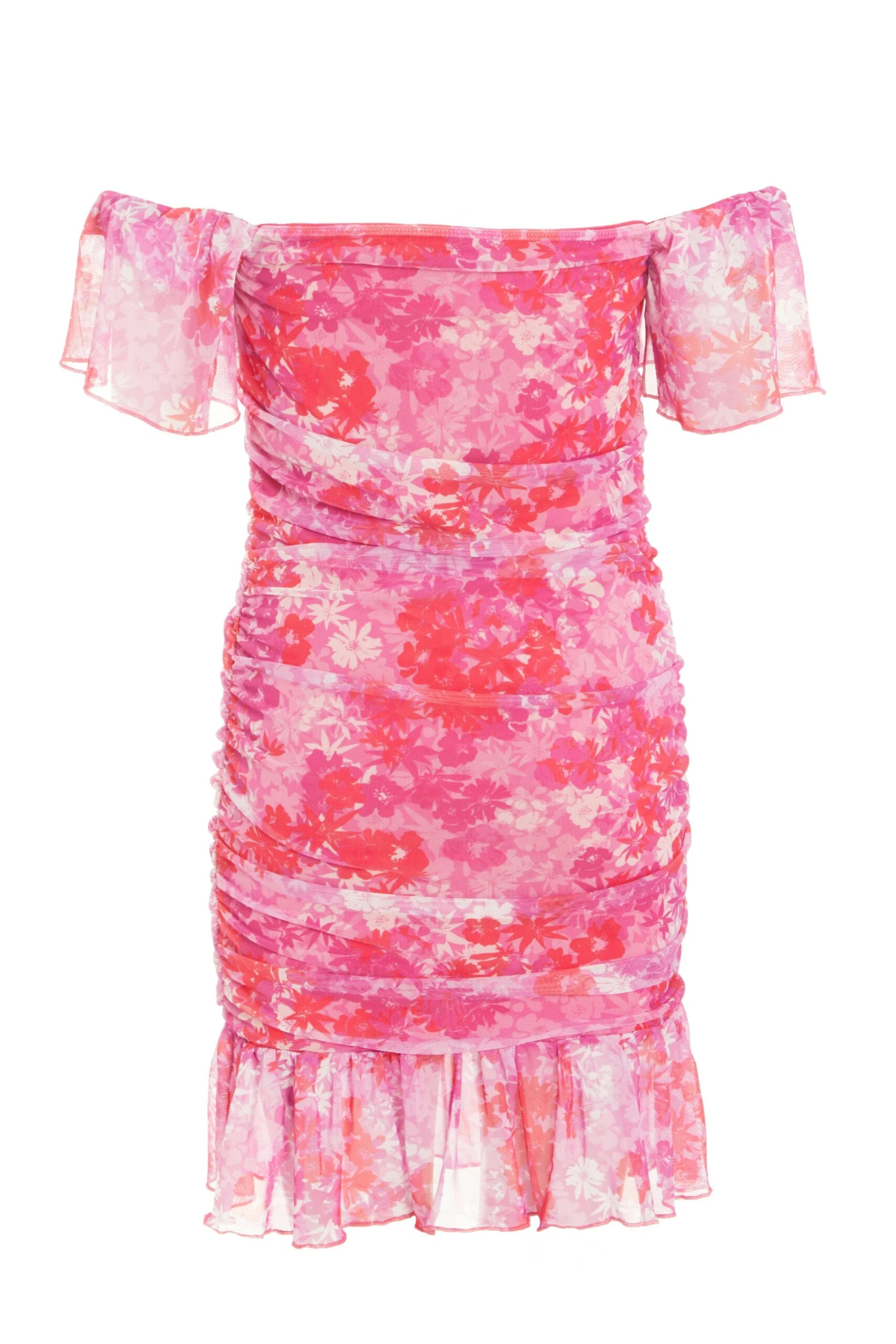 Pink Floral Ruched Bardot Mini Dress 7 Pink Floral Ruched Bardot Mini Dress - Image 5