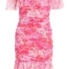 Pink Floral Ruched Bardot Mini Dress