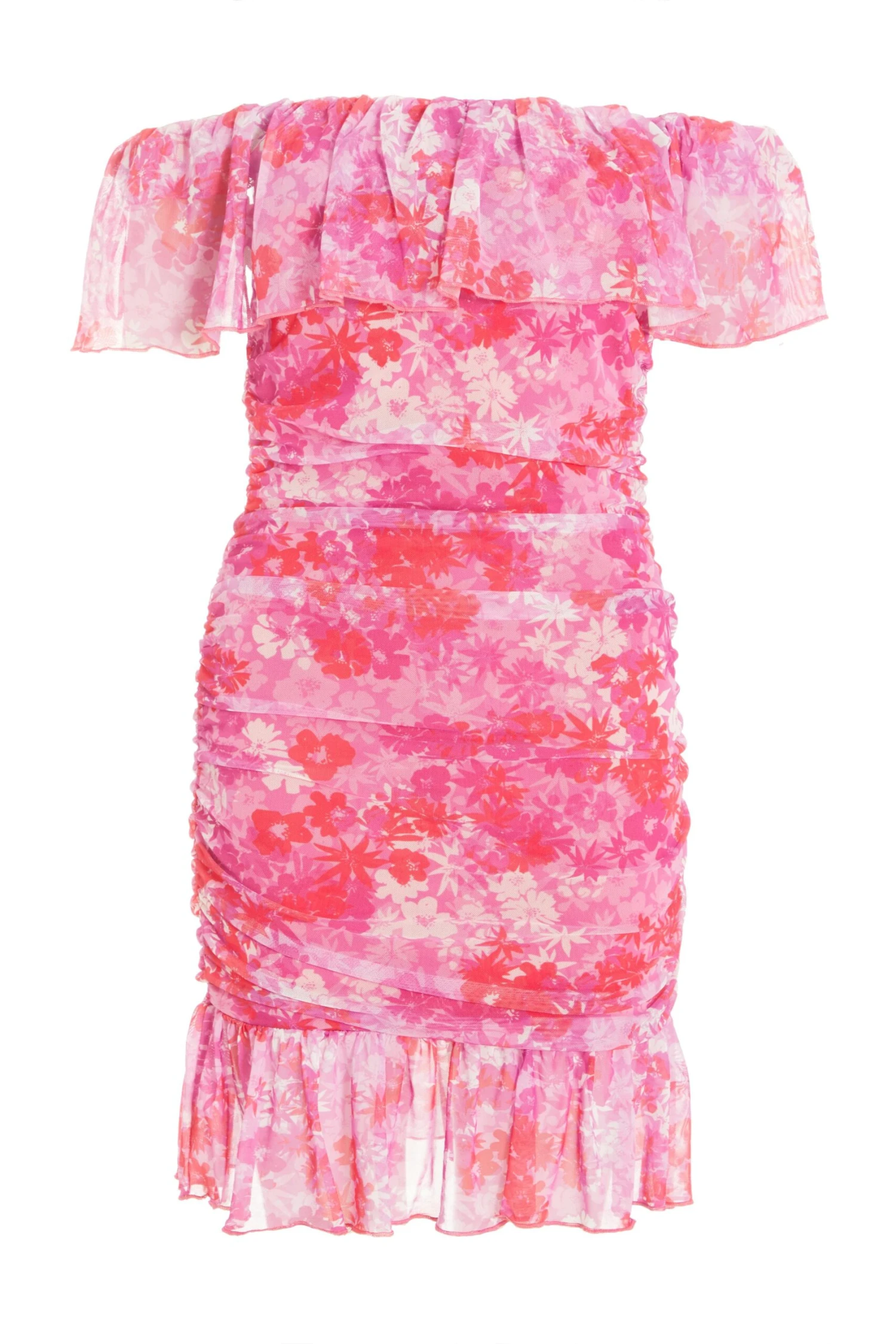 Pink Floral Ruched Bardot Mini Dress 3 Pink Floral Ruched Bardot Mini Dress