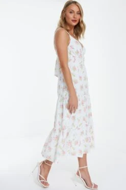 White Ditsy Floral Ruched Midi Dress -Outlet Clothyne Store 00100038658 XS