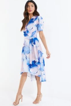 Blue Marble Print Dip Hem Dress -Outlet Clothyne Store 00100038684 XS