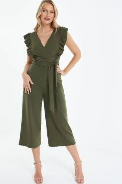 Khaki Wrap Frill Front Culotte Jumpsuit 9 Khaki Wrap Frill Front Culotte Jumpsuit -Outlet Clothyne Store 00100038753 XM