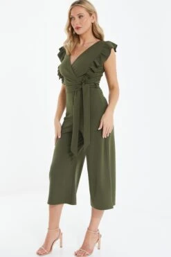 Khaki Wrap Frill Front Culotte Jumpsuit 11 Khaki Wrap Frill Front Culotte Jumpsuit -Outlet Clothyne Store 00100038753 XS