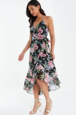 Black Floral Chiffon Wrap Midi Dress -Outlet Clothyne Store 00100038768 XS