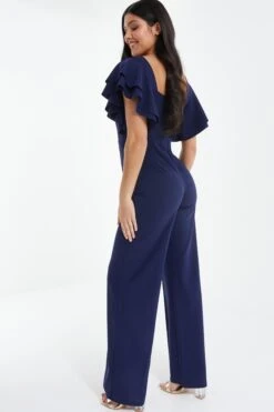 Navy Frill Sleeve Palazzo Jumpsuit -Outlet Clothyne Store 00100038773 XB