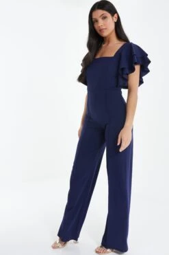 Navy Frill Sleeve Palazzo Jumpsuit -Outlet Clothyne Store 00100038773 XS