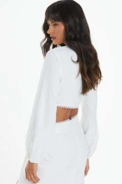 White Textured Tie Front Crop Top -Outlet Clothyne Store 00100038875 XB