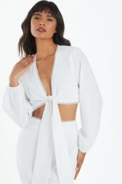 White Textured Tie Front Crop Top -Outlet Clothyne Store 00100038875 XM
