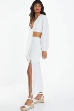 White Textured Tie Front Crop Top -Outlet Clothyne Store 00100038875 XS