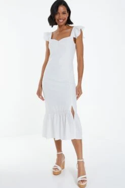 White Textured Frill Midi Dress -Outlet Clothyne Store 00100038881 XM