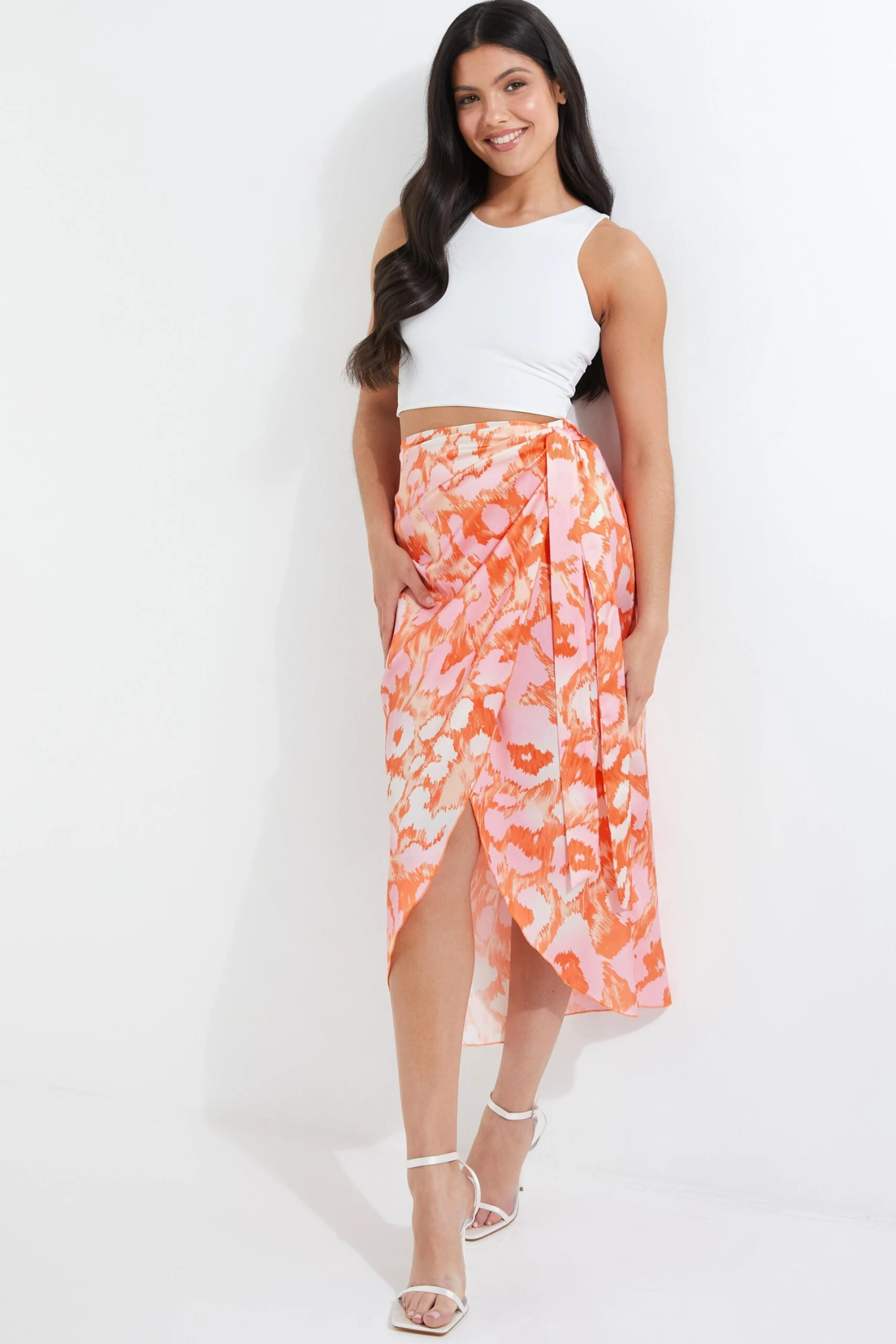 Orange Leopard Print Satin Wrap Midi Skirt 4 Orange Leopard Print Satin Wrap Midi Skirt - Image 2