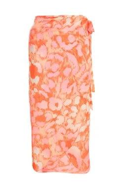 Orange Leopard Print Satin Wrap Midi Skirt