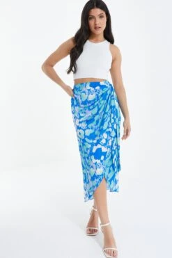 Blue Leopard Print Satin Wrap Midi Skirt 9 Blue Leopard Print Satin Wrap Midi Skirt -Outlet Clothyne Store 00100038903 XM