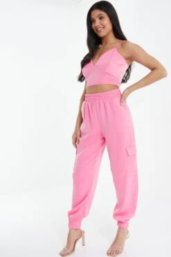 Pink Satin Tie Back Crop Top -Outlet Clothyne Store 00100038931 XS