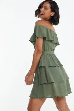 Khaki Tiered Bardot Mini Dress -Outlet Clothyne Store 00100038962 XB