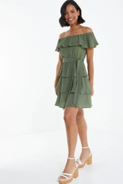 Khaki Tiered Bardot Mini Dress -Outlet Clothyne Store 00100038962 XS