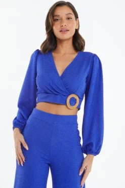 Blue Wrap Long Sleeve Crop Top -Outlet Clothyne Store 00100039037 XM