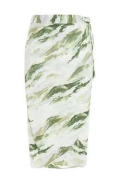 Green Marble Print Wrap Midi Skirt