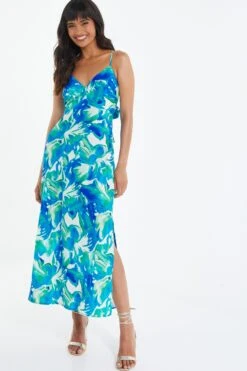 Blue Tropical Print Satin Midaxi Dress -Outlet Clothyne Store 00100039060 XM