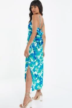 Blue Tropical Print Satin Midaxi Dress -Outlet Clothyne Store 00100039060 XS