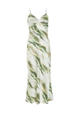 Green Marble Print Satin Midaxi Dress