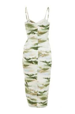 Green Marble Print Satin Ruched Midi Dress -Outlet Clothyne Store 00100039066 ZB