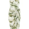 Green Marble Print Satin Ruched Midi Dress