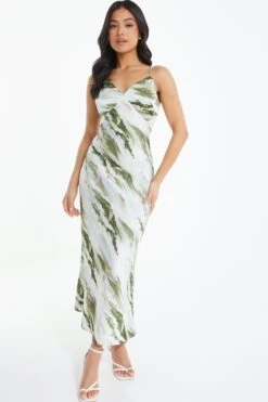 Petite Green Marble Print Satin Midaxi Dress -Outlet Clothyne Store 00100039109 XM
