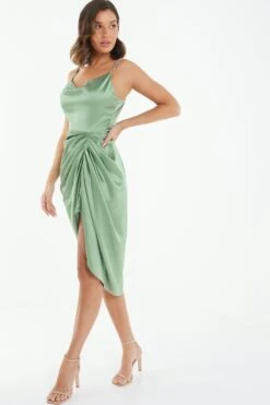 Khaki Satin Ruched Midi Dress -Outlet Clothyne Store 00100039127 XS