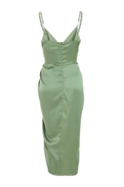 Khaki Satin Ruched Midi Dress -Outlet Clothyne Store 00100039127 ZB