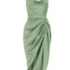 Khaki Satin Ruched Midi Dress -Outlet Clothyne Store 00100039127 ZM